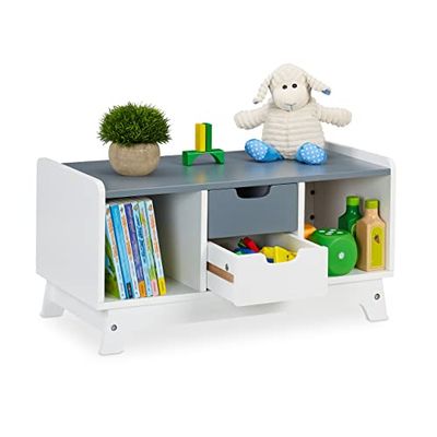 Relaxdays kinderkast voor speelgoed & boeken, HBD: 30x60x30 cm, 4 vakken, meisjes & jongens, lage opbergkast, wit/grijs