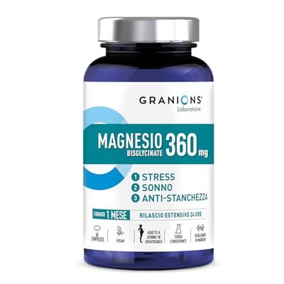 MAGNESIO BISGLICINATO 360 MG - Integratori Stanchezza Magnesio - Magnesio Bisglicinato Capsule - Magnesio Donna - Magnesio Glicinato - Vitamina B6, Antistress - Magnesio compresse 60 - GRANIONS