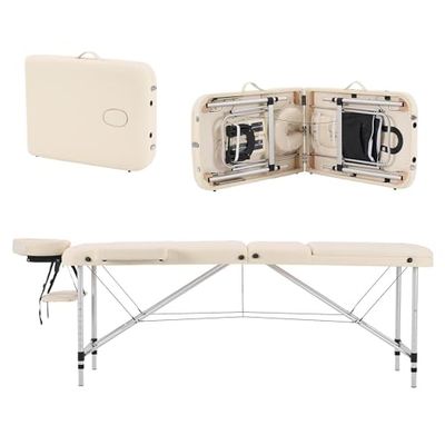 YOUNIKE Table de Massage Pliante Professionnelle 3 Zones Aluminium Cosmetique Lit de Massage Table Esthetique Tatouage Portable avec Spa Salon de beauté Tatouage Maison entièrement Accessoires Beige
