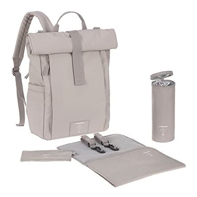 LÄSSIG Luierrugzak luiertas met aankleedkussen, kinderwagenopzetstuk, flessenhouder, duurzaam geproduceerd/rolltop up rugzak, Taupe