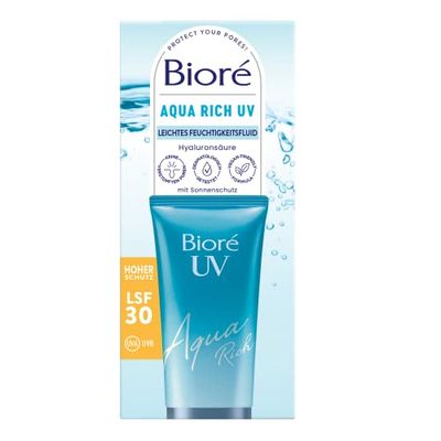 Biore Aqua Rich UV – lekki płyn nawilżający do twarzy – ochrona przed słońcem – współczynnik ochrony przeciwsłonecznej LSF 30 – UVA/UVB – działa pod makijażem – nienatłuszczający