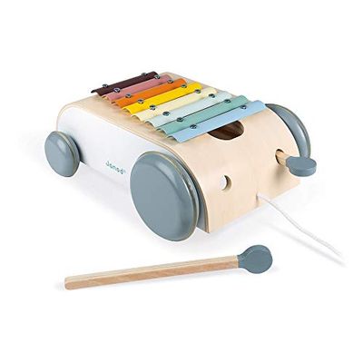 Janod - Xylo Roller en Bois Sweet Cocoon - Jouet 2 en 1, Xylophone en Bois à Tirer - Roues Silencieuses - Design Unique en Bois Courbé, Peinture à l'Eau - Jouet d'Éveil Musical, dès 18 Mois, J04406