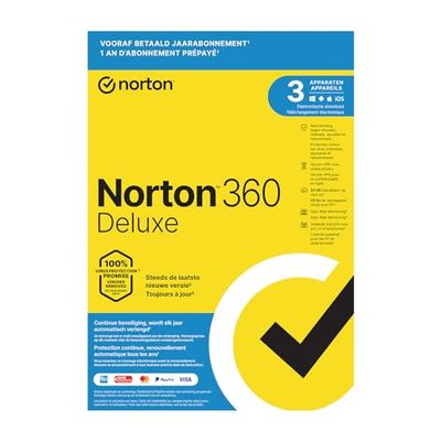 Norton 360 Deluxe 2024, antivirussoftware, internetbeveiliging, 3 Apparaten, 1 Jaar abonnement met automatische verlenging, Secure VPN en Password Manager, PCs, Macs, tablets en smartphones, envelop