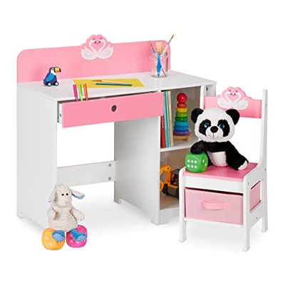 Relaxdays Children's Furniture Set, Table & Stool, Play & Storage, Open Shelves & Drawers, 79.5 x 80 x 40 cm, White/Pink, Fibreboard