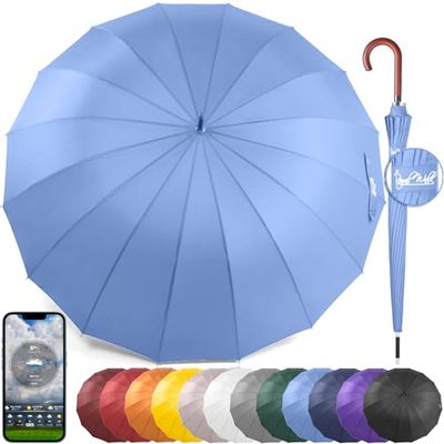 Royal Walk Winddichte Grote Paraplu voor Regen 54 Inch Automatisch Open Voor 2 Personen XXL Golf Klassieke Windvaste en Stormvaste Regenparaplu met Houten Handvat en Sterke 16 Ribben 120 cm Lichtblauw