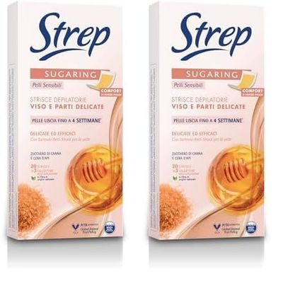 Strep - Strisce Depilatorie Viso e Parti Delicate Sugaring, per Pelli Sensibili, Senza profumo, con Zucchero di Canna e Cera d’Api, 20pz (Confezione da 2)
