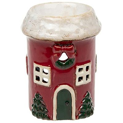 Shudehill Giftware Village Pottery Round Snowy Red House Ceramic Tealight Holder and Warmer for Wax Melts and Oil