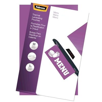 Fellowes Laminating Pouches, Thermal, Menu Size, 3 Mil, 50 Pack (52013)
