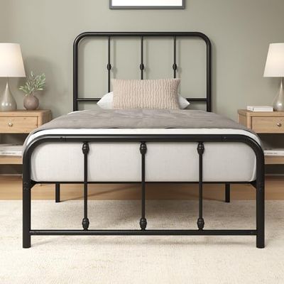 Zinus Florence säng 90 x 200 cm – 35 cm hög – metallsängram med huvud- och fotdel – säng med ribbotten – sängram i vintagedesign – lagringsutrymme under sängen – svart