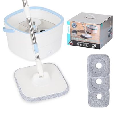 Set di mocio rotante e secchio, mocio e secchio con strizzatore, per la casa, con scopa separata con acqua sporca e pulita, per la pulizia dei pavimenti, piastrelle in laminato in legno duro (3 panni