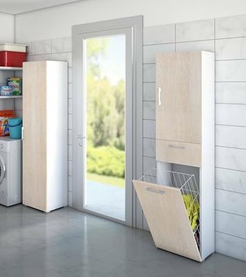 Dmora - Armadio multiuso Escolzia, Mobile lavanderia lineare a 2 Ante, Colonna da bagno con cestello portabiancheria, 100% Made in Italy, 45x32h195 cm, Rovere e Bianco