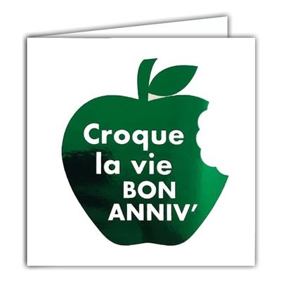 22210 Vierkante kaart Croque la Vie Bon Birthday op een glanzende groene appel met witte envelop 15 x 15 cm – Creation Edition Print Made in France – collectie droom van woorden