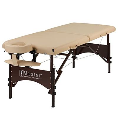 Master Massage Argo Mobiele massagestoel, 71 cm, inklapbaar, therapiebed, draagbaar, beautybed, walnoothout, draagtas, pakket-beige