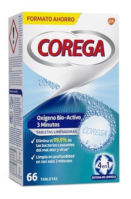 Corega Oxigénio bio-ativo, tablets de limpeza para próteses dentárias, limpeza profunda em 3 minutos, 66 comprimidos