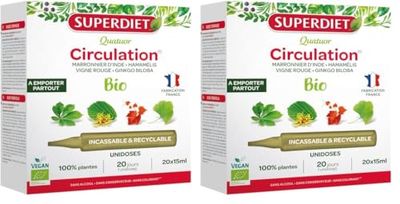 SUPERDIET-QUATUOR CIRCULATION BIO-Jambes légères-Marronnier d’inde,Hamamélis,Vigne rouge,Ginkgo biloba-Format nomade-20 Unidoses de 15 ml (Lot de 2)