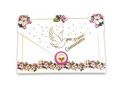 LINA OFFICINE GRAFICHE CREATIVE HBGFTBqcb Communion Card Girl Money Holder with Label Close Envelope 11 x 16 cm (Girl Dove)