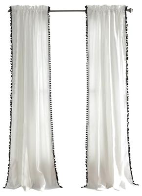 Lush Decor Pom Curtain Cortina de janela com textura, cor lisa, estilo vintage chique para sala de estar, sala de jantar, quarto (solteiro), 84 x 50 polegadas, tecido, preto, W 50" x L de 84" (1