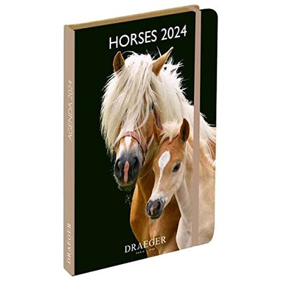 DRAEGER Paris | Specjalna plansza kieszonkowa A6 Konie styczeń-dec 2024 | 12 zdjęć | 11,5 x 16 cm | Twarda okładka z zakładką | 7 języków | 1 tydzień na 2 stronach | Papier z certyfikatem FSC®