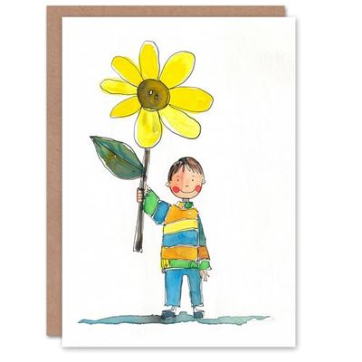 Artery8 Boy With Yellow Daisy Flower Cute Child Drawing For Her Woman Mother's Day Card