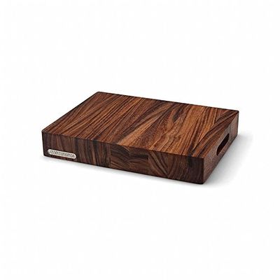 Continenta hackblock av akaciaträ, oljad yta, extremt elegant utseende, massiv skärbräda, med metallemblem, storlek: 39,5 x 30 x 6 cm
