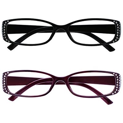 OPULIZE Occhiali Da Lettura Nero E Nero Porpora Stile Diamonte Lettori Valore 2 Pacco Donna Signora RR93-15 +1,00