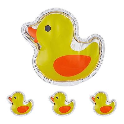 Relaxdays hot cold pack kinderen, set van 4, koud warm kompres, eend, HxB: 9,5x10,5 cm, coolpack gel, herbruikbaar, geel