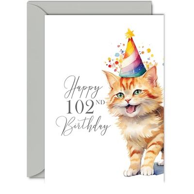 102nd Birthday Cards for Men Women - Party Cat Kitten - Happy Birthday Card for 102 Year Old Man Woman Great Grandad Nan Grandma Dad Mum Uncle Auntie Cousin, A5 Bday Greeting Cards