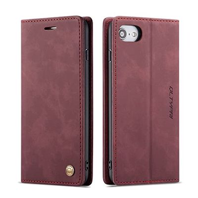 QLTYPRI Hoesje voor iPhone 7/8/SE, Magnetische PU-lederen Portemonnee Case met Kaarthouder Kijkstandaard Beschermend Schokbestendige Folio Hoesje - Rood