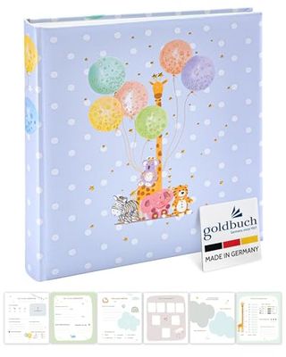 goldbuch 15 403 babyalbum balloon party, babyboek 30 x 31 x 4 cm, fotoalbum met 58 witte blanco pagina's en 4 geïllustreerde pagina's, omslag van kunstdruk met diermotief, album, fotoboek blauw