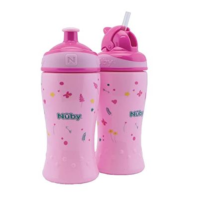 Nuby - Dubbelpack no-spill Flip-It Drinkfles met rietje 360ml + Pop-Up Drinkfles 360ml voor kinderen - Zonder BPA - Roze - 360 ml - 12+ maand & 18+ maand