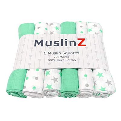 MuslinZ 6pk Baby Muslin Squares Burp Cloths 100% Pure Soft Cotton 70x70cm (Mint Star)