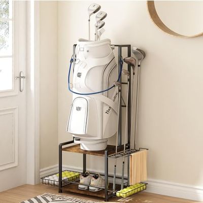 GILLAS Organiseur de sac de golf pour garage, organiseur de sacs de golf à 2 niveaux, organiseur de sac de clubs de golf en bois, accessoires d'équipement de golf, club, abri de jardin, sous-sol