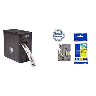 Brother PTP750W - Rotuladora electrónica profesional + Brother TZe631 - Cinta laminada, texto negro sobre fondo amarillo, ancho: 12 mm, longitud: 8 m