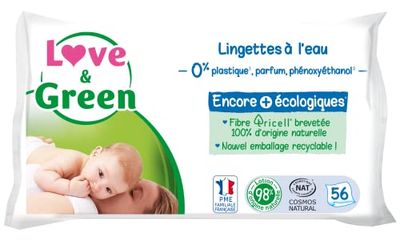 Love & Green Healthy and Ecological Water Wipes, Pack of 56 Wipes, Cosmos Natural Certified by ECOCERT and FSC, Recyclable Packaging