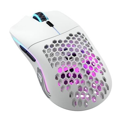 Glorious Gaming Model O- (Pequeño) Wireless Ratón gaming inalámbrico - 65 g superligero, diseño colmena, RGB, ambidiestro, sin lag 2,4 GHz inalámbrico, hasta 71 horas de batería - Blanco mate