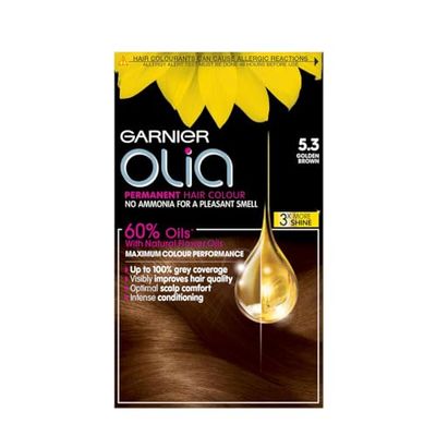 Garnier Olia Permanent Hair Dye, No Ammonia, Full Grey Coverage, Long-lasting Colour & Shine, Vegan Formula, Colour: 5.3 Golden Brown, 230g