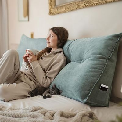 Björn&Schiller Coussin de Dossier, Coussin de Lecture pour lit et canapé, Coussin Triangulaire, Coussin Lombaire pour Le lit, Gros Coussin de tête de lit, avec Housse Lavable (Turquoise-Gris, 200 cm)