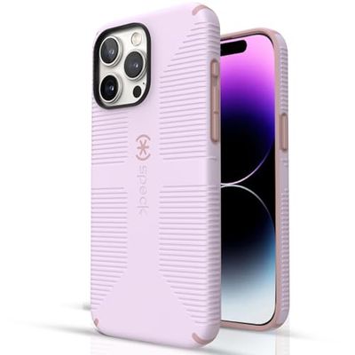 Speck iPhone 15 Pro Max hoesje - gebouwd voor MagSafe, valbescherming grip - krasbestendig, zacht aanvoelend, 6,7 inch telefoonhoesje - CandyShell Grip zacht lila/anjer bloemblaadje