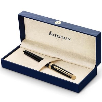 Waterman Caneta estilográfica Hémisphère | cor preta brilhante com ornamento de ouro de 23 quilates | caneta média com cartucho de tinta azul | estojo de presente