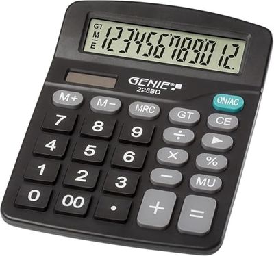 Genie 225 BD 12-cijferige bureaureken; dual power (zonne-energie en batterij); compact design; zwart