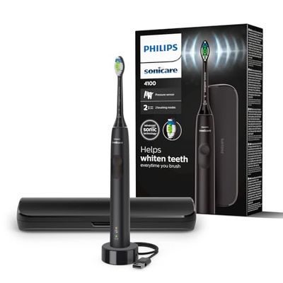 Philips Sonicare 4100 - Spazzolino elettrico Philips Sonicare per adulti con 1 testina sonica Philips W2 Optimal White nera, custodia da viaggio sottile e caricatore USB (modello HX3683/54)