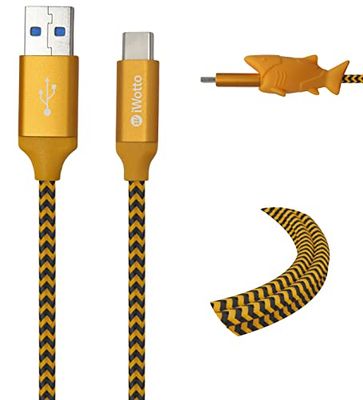 Iwotto USB Type-C 1M Cable - Fast Charge and Sync for Mobile - USB 3.0 Orange - Durable Nylon and Shark Cable Protector Included - Compatible avec Samsung, Xiaomi, Huawei, PS4, Xbox