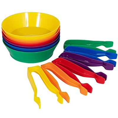 edxeducation Sorting Bowls & Tweezers - Set of 12 - 18M+ - 6 Colours - Counting and Sorting Toy for Toddlers - Early Education and Fine Motor Skills Resource