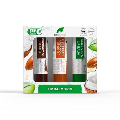 Set regalo Dr Organic Lip Balm, idratante, SPF 15, multipack assortito con Aloe Vera, Olio di Argan, Olio di Cocco, naturale, vegetariano, cruelty-free, senza parabeni e SLS, 5,7 ml x3