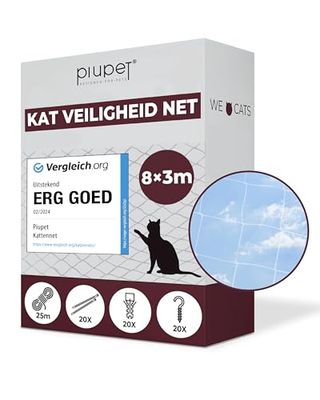 PiuPet® Kattennet transparant - Balkonnet transparant ideaal voor uw kat - Kattennet voor balkon & raam incl. kabelbinders & bevestigingstouw | Cat net | Veiligheidsnet kat | Balkonnet kat (8 x 3 m)