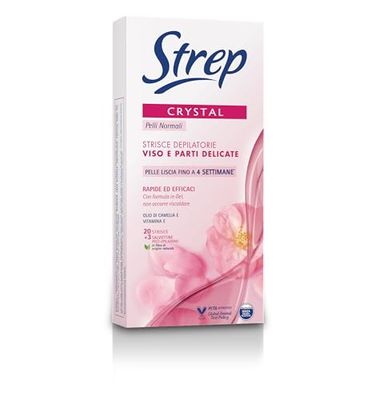 Strep Strisce Depilatorie Viso e Parti Delicate Crystal, Formula in Gel, non occorre Riscaldarle, Pelle Morbida e Setosa fino a 4 Settimane, 20 Pezzi