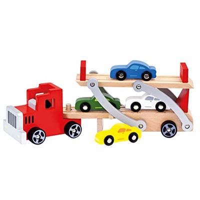 Bino houten autotransporter houten speelgoed voor kinderen vanaf 3 jaar (9-delig, verstelbare laadlamp, 4 speelgoedauto's, afneembare aanhanger, afmetingen: 37,5 x 8,5 x 13,5 cm), kleurrijk