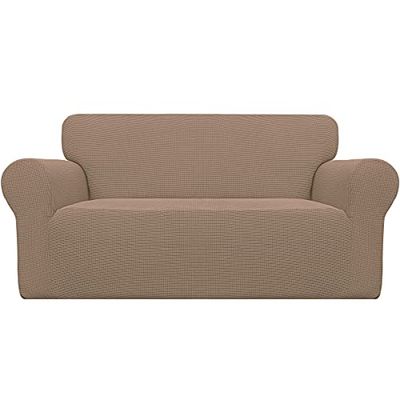 Easy-Going Stretch Sofa Slipcover 1-Piece Sofa Cover Furniture Protector Couch Soft with Elastic Bottom Anti-Slip Foam Kids, Spandex Jacquard Fabric Small Checks(loveseat,Camel)