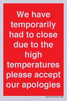Panneau « We have temporarily had to close due to the high temperature please accept our apologies »