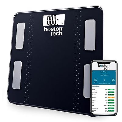 Bilancia da bagno digitale, bilancia elettronica intelligente con Bluetooth e app compatibile con Android e IOS, 13 misurazioni del peso dietetiche gratuite per perdere peso. Max.180 kg.(Nero)